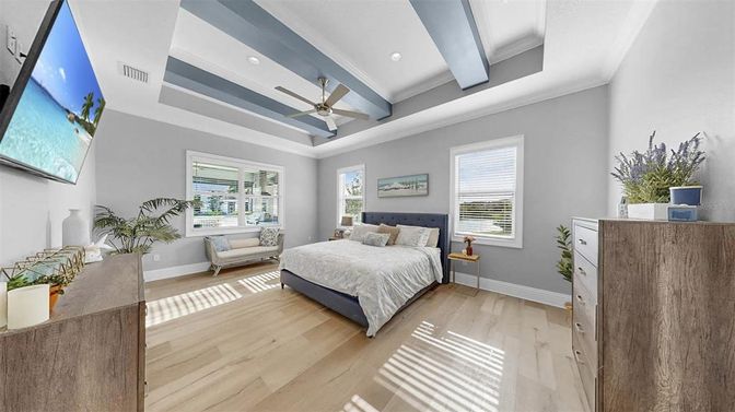 Bedroom, Interior, Recessed Lighting, Wood Texture Flooring