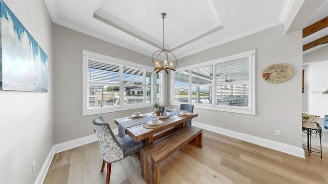 Dining room, Interior, Pendant Lights, Wood Texture Flooring