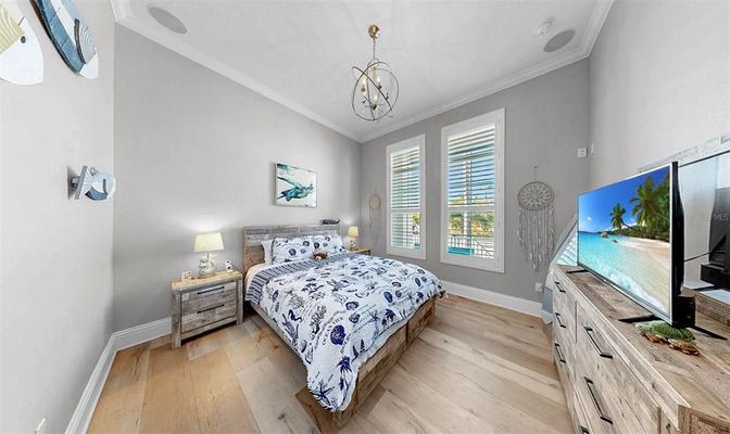 Bedroom, Chandelier, Interior, Pendant Lights, Wood Texture Flooring