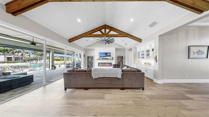 Fireplace, Interior, Living room, Recessed Lighting, Wooden Beams, Wood Texture Flooring