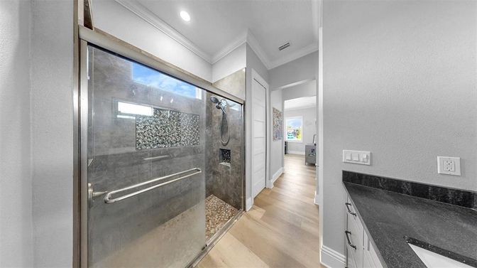 Bathroom, Glass Shower, Interior, Recessed Lighting, Wood Texture Flooring