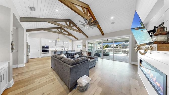 Fireplace, Interior, Kitchen, Living room, Pendant Lights, Recessed Lighting, Wooden Beams, Wood Texture Flooring