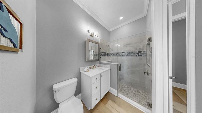 Bathroom, Glass Shower, Interior, Recessed Lighting, Wood Texture Flooring