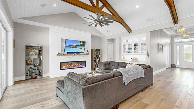 Fireplace, Interior, Living room, Pendant Lights, Recessed Lighting, Wooden Beams, Wood Texture Flooring
