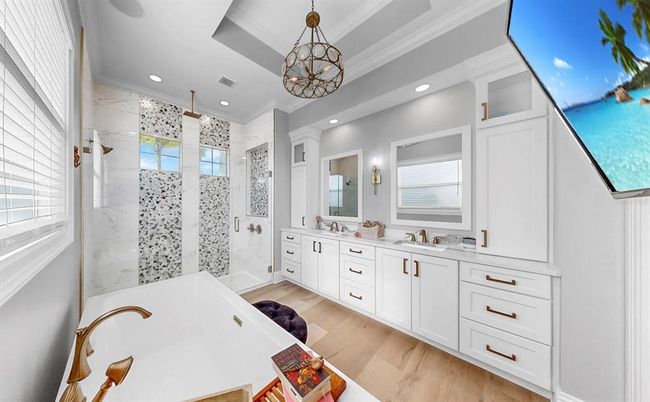 Bathroom, Dual Sink Vanities, Interior, Pendant Lights, Recessed Lighting, Wood Texture Flooring