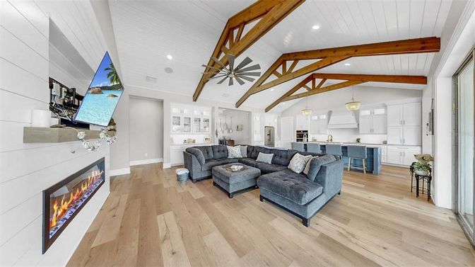 Fireplace, Interior, Kitchen, Living room, Pendant Lights, Recessed Lighting, Wooden Beams, Wood Texture Flooring