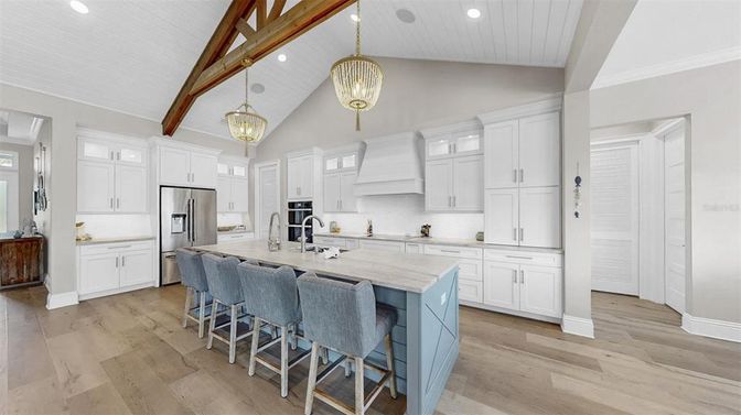 Interior, Kitchen, Pendant Lights, Recessed Lighting, Stainless Steel Appliances, Wooden Beams, Wood Texture Flooring