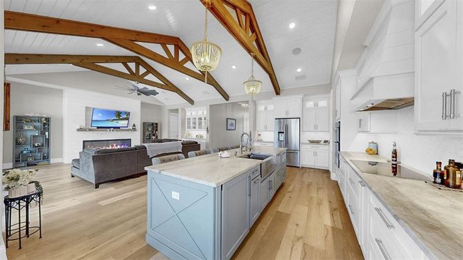 Fireplace, Interior, Kitchen, Living room, Pendant Lights, Recessed Lighting, Wooden Beams, Wood Texture Flooring