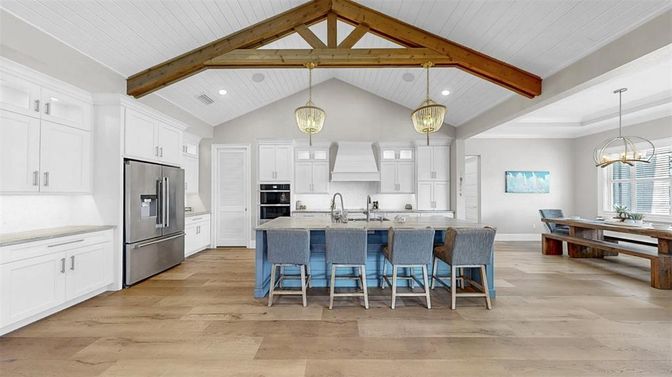 Dining room, Interior, Kitchen, Pendant Lights, Recessed Lighting, Stainless Steel Appliances, Wooden Beams, Wood Texture Flooring