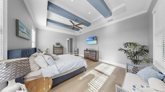 Bedroom, Interior, Recessed Lighting, Wood Texture Flooring
