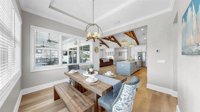 Dining room, Interior, Kitchen, Pendant Lights, Recessed Lighting, Stainless Steel Appliances, Wood Texture Flooring