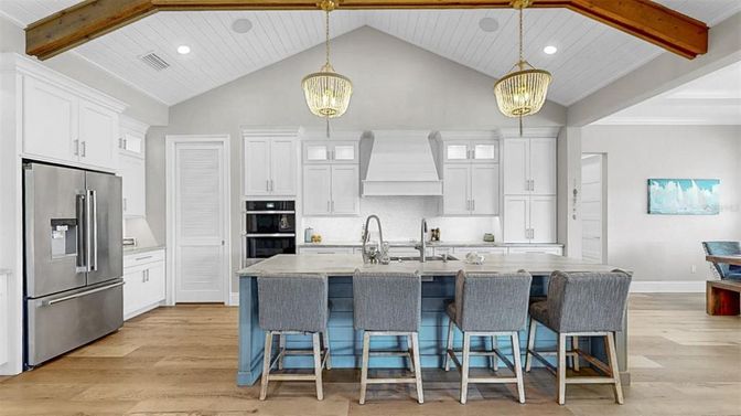 Interior, Kitchen, Pendant Lights, Recessed Lighting, Stainless Steel Appliances, Wooden Beams, Wood Texture Flooring
