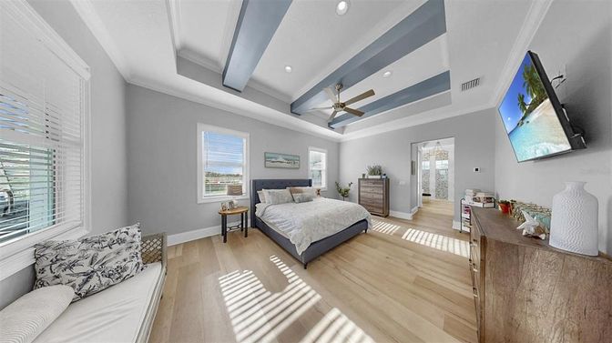 Bedroom, Interior, Recessed Lighting, Wood Texture Flooring
