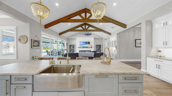 Interior, Kitchen, Living room, Pendant Lights, Recessed Lighting, Wooden Beams, Wood Texture Flooring