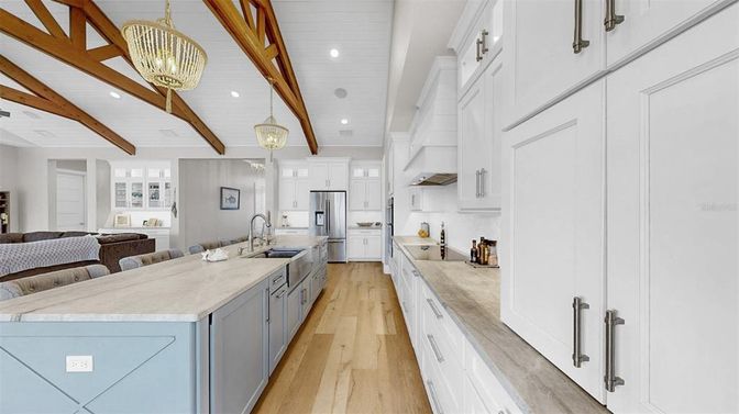 Interior, Kitchen, Living room, Pendant Lights, Recessed Lighting, Stainless Steel Appliances, Wooden Beams, Wood Texture Flooring