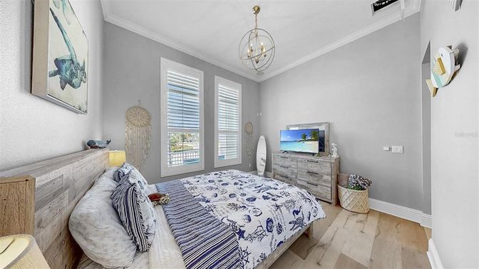 Bedroom, Chandelier, Interior, Pendant Lights, Wood Texture Flooring
