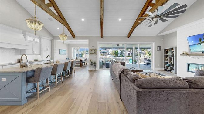 Dining room, Fireplace, Interior, Kitchen, Living room, Pendant Lights, Recessed Lighting, Wooden Beams, Wood Texture Flooring