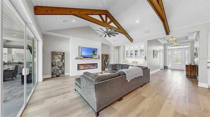 Fireplace, Interior, Living room, Recessed Lighting, Wooden Beams, Wood Texture Flooring