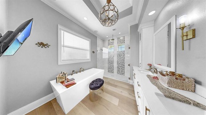 Bathroom, Chandelier, Home Office, Interior, Pendant Lights, Recessed Lighting, Wood Texture Flooring