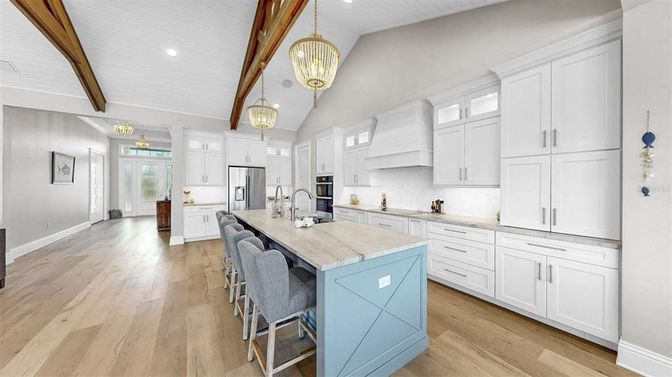 Interior, Kitchen, Pendant Lights, Recessed Lighting, Stainless Steel Appliances, Wooden Beams, Wood Texture Flooring