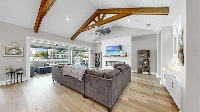 Interior, Living room, Recessed Lighting, Wooden Beams, Wood Texture Flooring