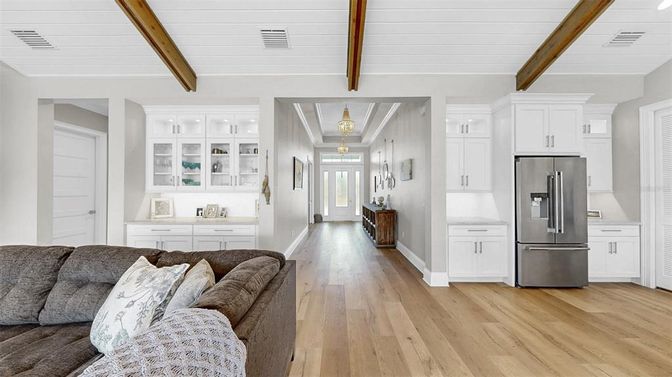Interior, Kitchen, Living room, Stainless Steel Appliances, Wooden Beams, Wood Texture Flooring