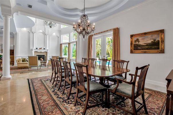 Chandelier, Dining room, Fireplace, Interior, Living room