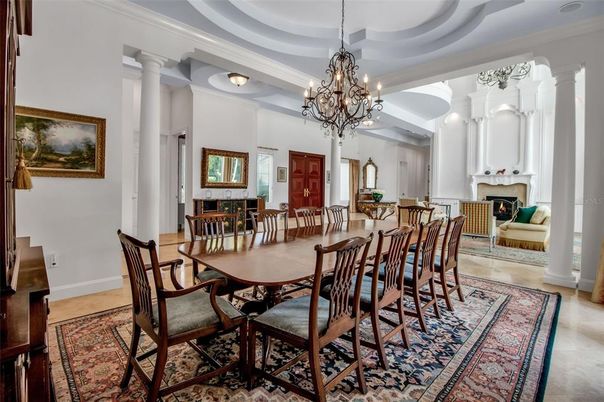 Chandelier, Dining room, Fireplace, Interior