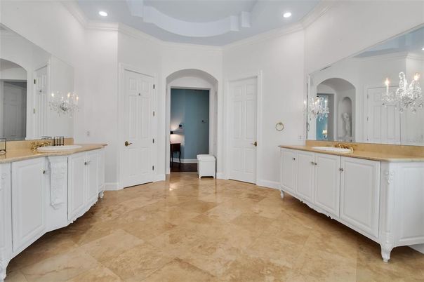 Bathroom, Chandelier, Dual Sink Vanities, Interior, Recessed Lighting