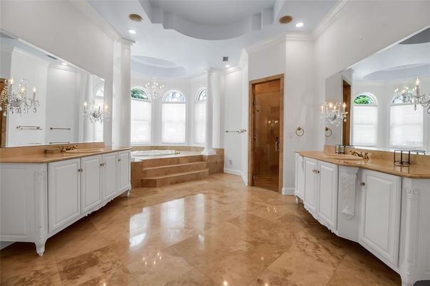 Bathroom, Chandelier, Dual Sink Vanities, Interior, Recessed Lighting