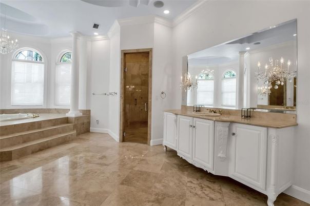 Bathroom, Chandelier, Dual Sink Vanities, Glass Shower, Interior, Recessed Lighting