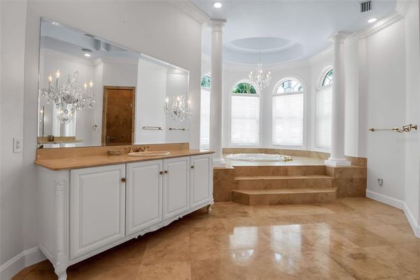 Bathroom, Chandelier, Dual Sink Vanities, Interior, Recessed Lighting