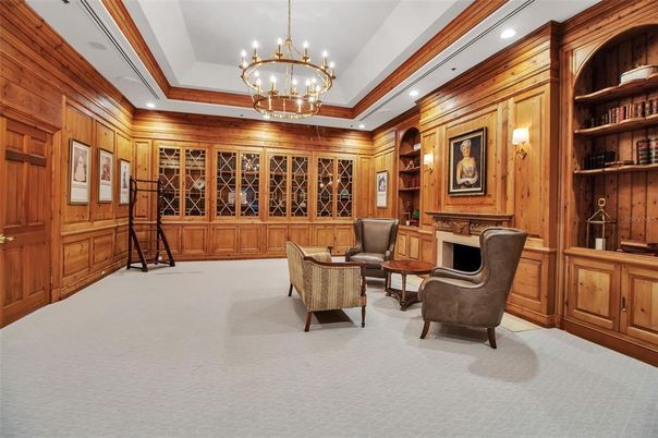 Chandelier, Home Office, Interior, Recessed Lighting, Wooden Walls
