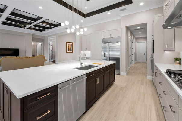 Interior, Kitchen, Pendant Lights, Recessed Lighting, Stainless Steel Appliances, Wood Texture Flooring