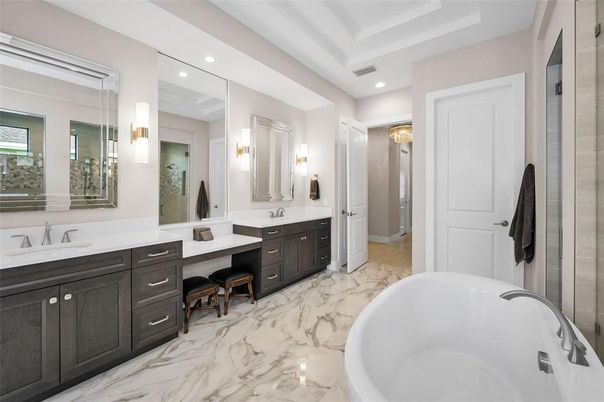 Bathroom, Dual Sink Vanities, Free Standing Baths, Interior, Marble, Recessed Lighting