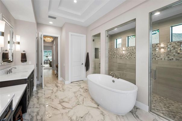 Bathroom, Dual Sink Vanities, Free Standing Baths, Glass Shower, Interior, Marble, Recessed Lighting
