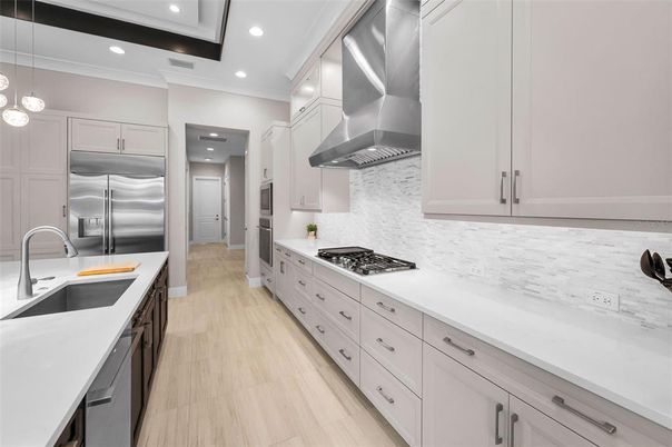 Interior, Kitchen, Pendant Lights, Recessed Lighting, Stainless Steel Appliances, Wood Texture Flooring