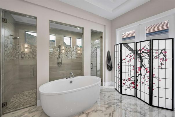 Bathroom, Free Standing Baths, Glass Shower, Interior, Marble
