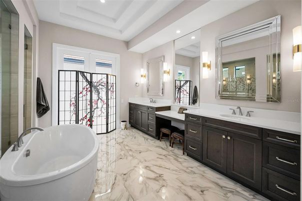 Bathroom, Dual Sink Vanities, Free Standing Baths, Interior, Marble, Recessed Lighting