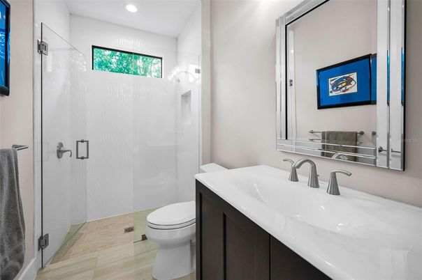 Bathroom, Glass Shower, Interior, Recessed Lighting