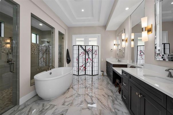 Bathroom, Dual Sink Vanities, Free Standing Baths, Glass Shower, Interior, Marble, Recessed Lighting