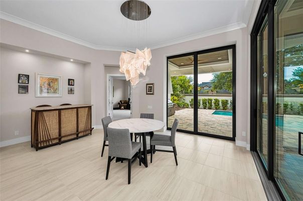 Chandelier, Dining room, Interior, Pendant Lights, Recessed Lighting, Wood Texture Flooring