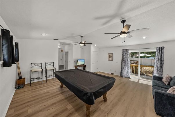 Billiard Table, Game Room, Interior, Recessed Lighting, Wood Texture Flooring