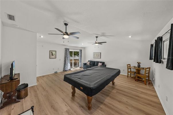 Billiard Table, Dining room, Game Room, Interior, Recessed Lighting, Wood Texture Flooring