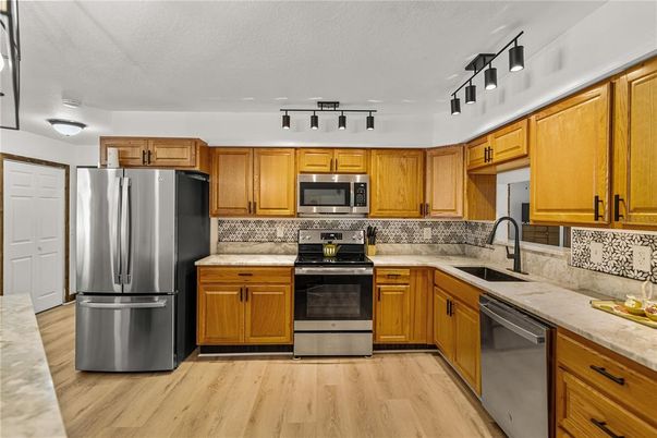 Interior, Kitchen, Stainless Steel Appliances, Wood Texture Flooring