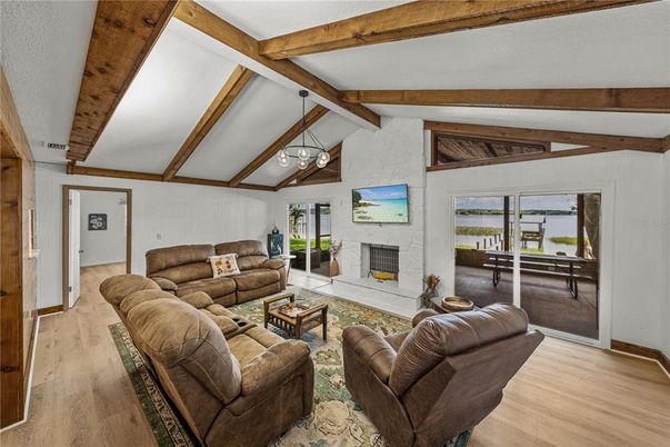 Fireplace, Interior, Living room, Pendant Lights, Wooden Beams, Wood Texture Flooring