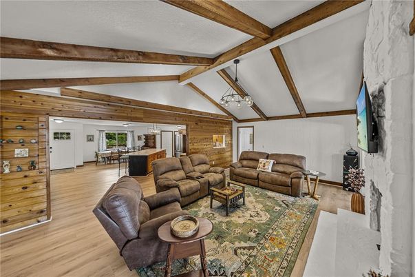 Dining room, Interior, Living room, Pendant Lights, Wooden Beams, Wood Texture Flooring, Wooden Walls