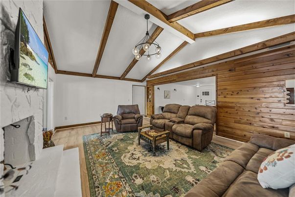 Fireplace, Interior, Living room, Pendant Lights, Wooden Beams, Wood Texture Flooring, Wooden Walls