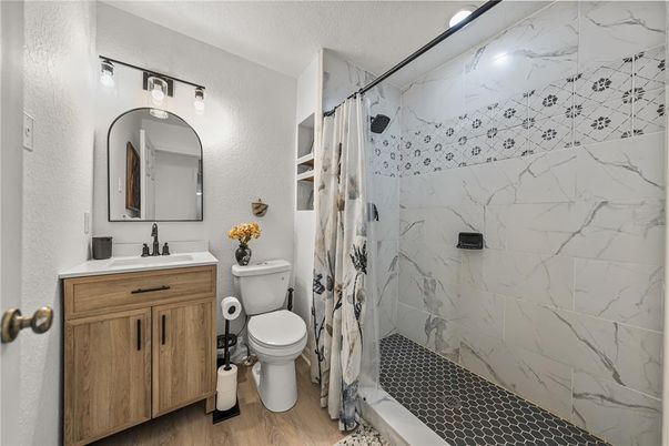 Bathroom, Interior, Marble Walls, Wood Texture Flooring