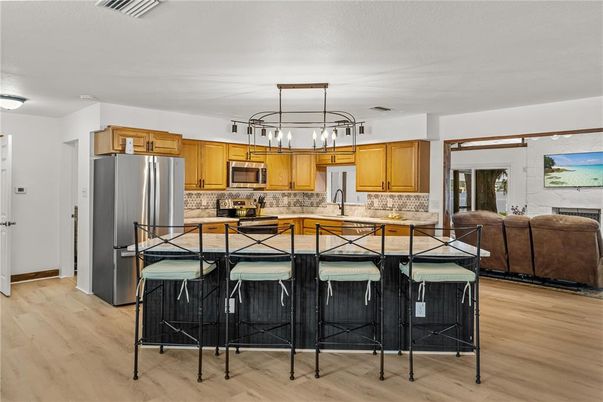 Interior, Kitchen, Living room, Pendant Lights, Stainless Steel Appliances, Wood Texture Flooring